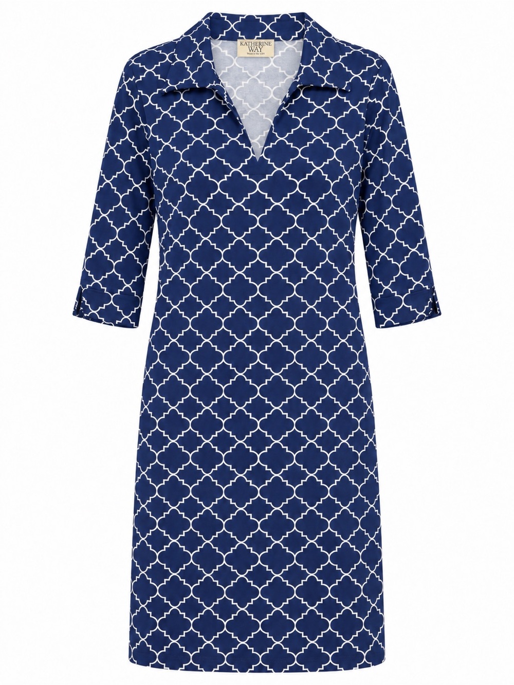 Katherine Way Navy White Quatrefoil Collared Shift Dress Medium Made in USA
